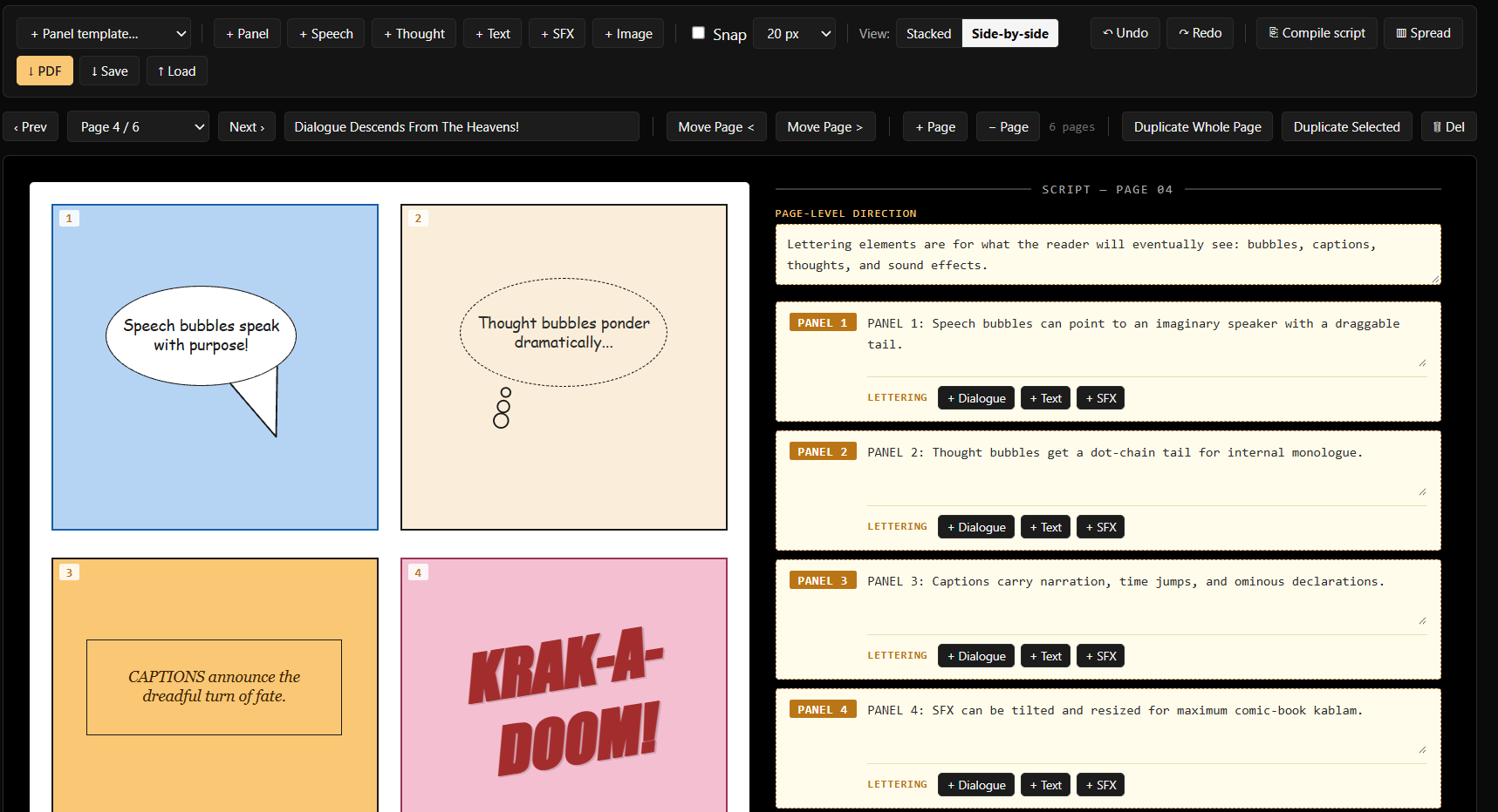 Comic Blocker showing the panel editor with dialogue, thought, caption, and sound-effect tools