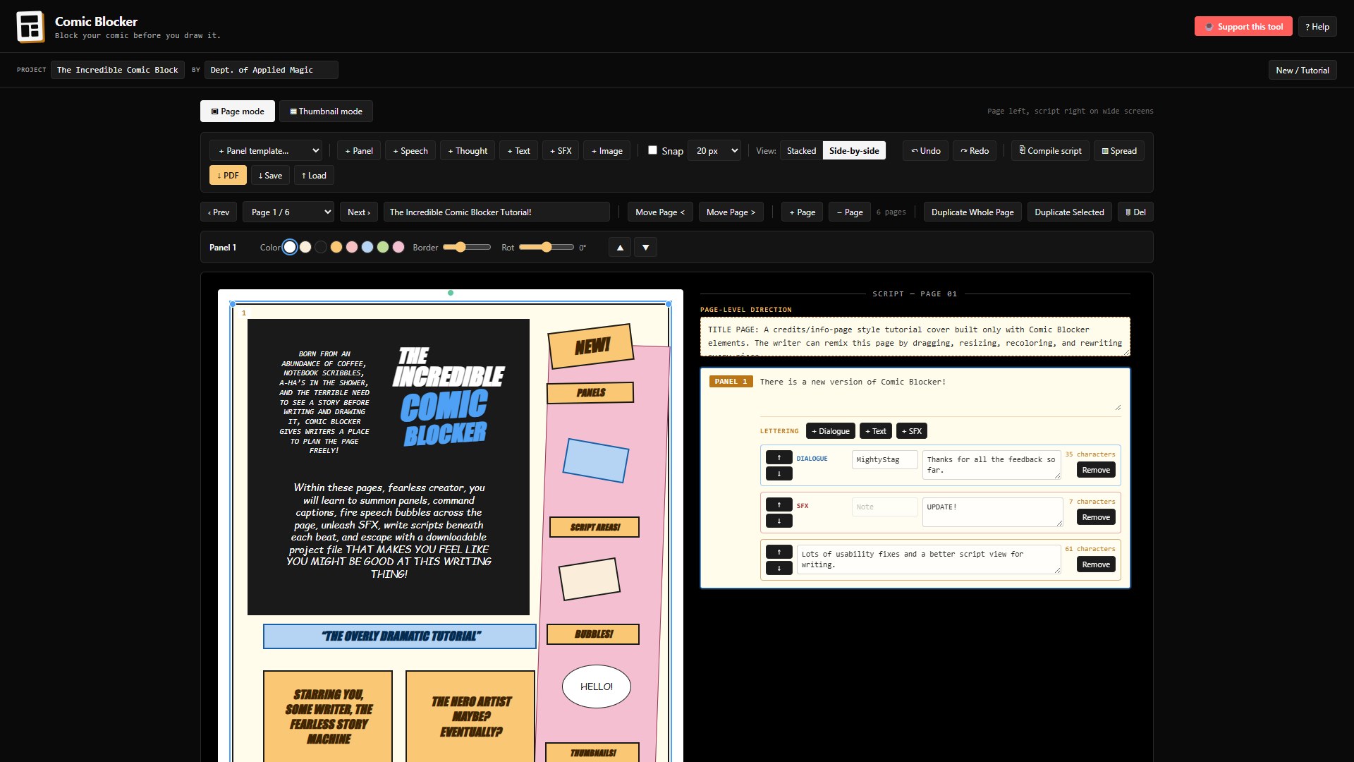 Comic Blocker showing a visual comic page beside its structured script