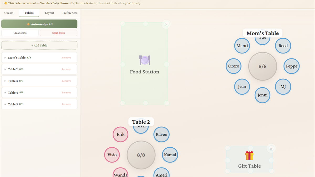 Where Do They Sit showing multiple event tables and guest seating layouts on a room plan