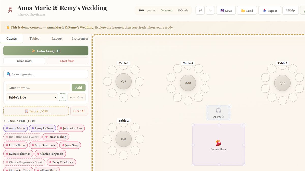 Where Do They Sit seating planner showing a wedding guest list and draggable round tables on a room layout